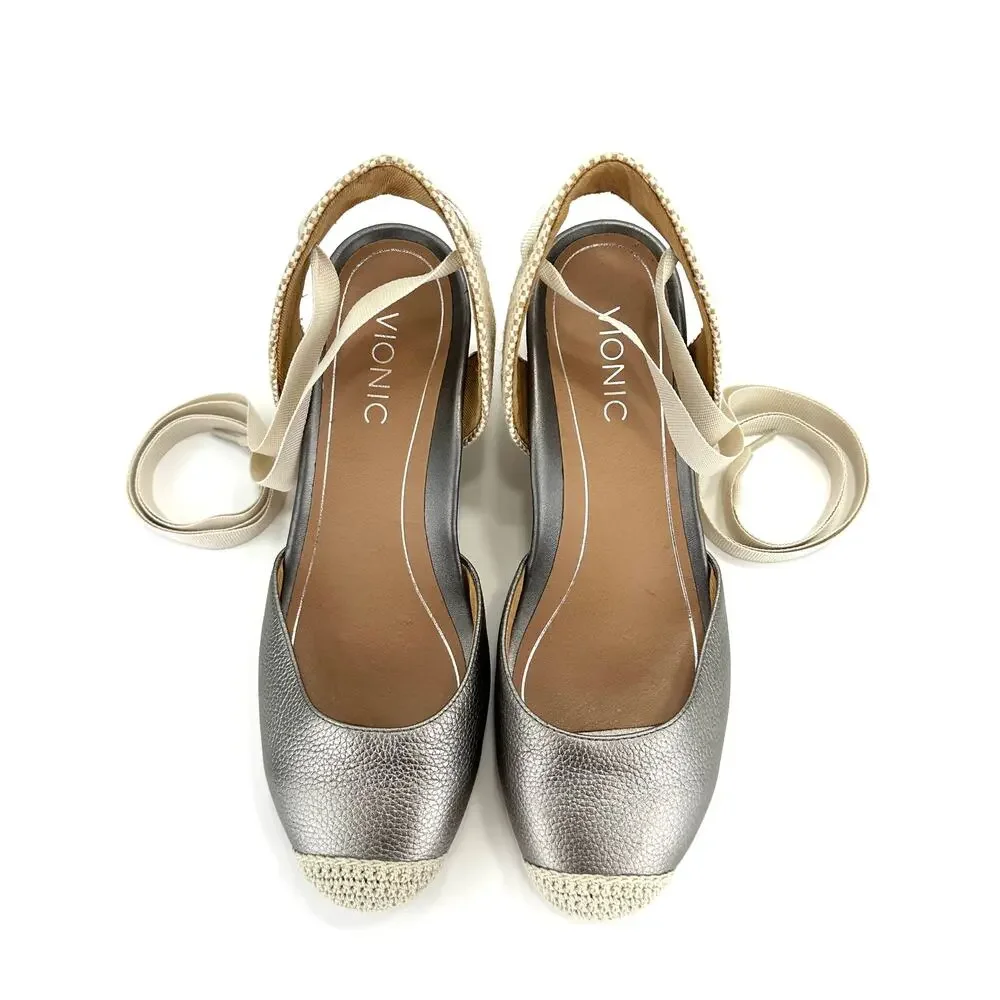 Vionic Maris Wedge Sandal Size 9/41 Gray/Pewter Leather Espadrille Closed Toe